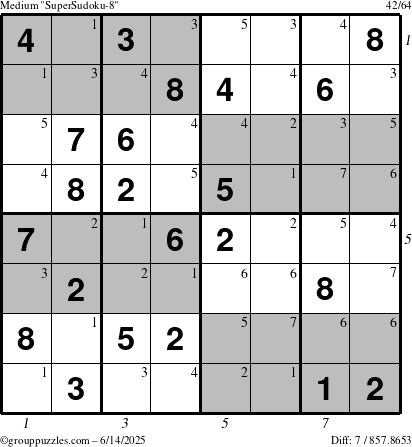 The grouppuzzles.com Medium SuperSudoku-8 puzzle for Saturday June 14, 2025, suitable for printing, with all 7 steps marked
