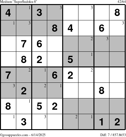 The grouppuzzles.com Medium SuperSudoku-8 puzzle for Saturday June 14, 2025 with the first 3 steps marked