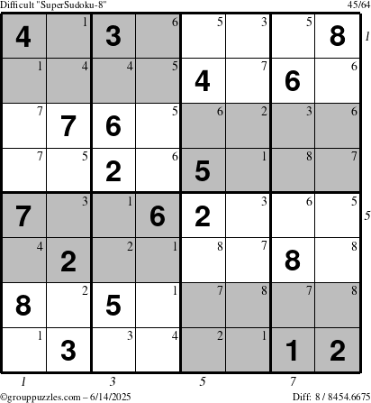 The grouppuzzles.com Difficult SuperSudoku-8 puzzle for Saturday June 14, 2025 with all 8 steps marked