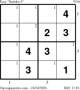 The grouppuzzles.com Easy Sudoku-4 puzzle for Saturday October 24, 2026 with all 2 steps marked