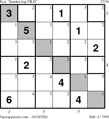 The grouppuzzles.com Easy Sudoku-6up-UR-D puzzle for Saturday October 24, 2026, suitable for printing, with all 4 steps marked