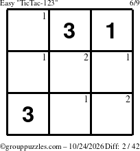 The grouppuzzles.com Easy TicTac-123 puzzle for Saturday October 24, 2026 with the first 2 steps marked