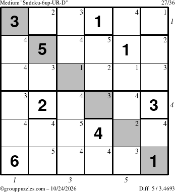 The grouppuzzles.com Medium Sudoku-6up-UR-D puzzle for Saturday October 24, 2026, suitable for printing, with all 5 steps marked