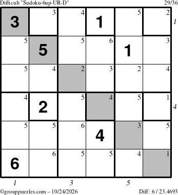 The grouppuzzles.com Difficult Sudoku-6up-UR-D puzzle for Saturday October 24, 2026 with all 6 steps marked