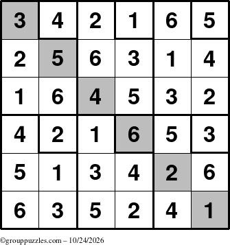 The grouppuzzles.com Answer grid for the Sudoku-6up-UR-D puzzle for Saturday October 24, 2026