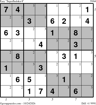 The grouppuzzles.com Easy SuperSudoku-8 puzzle for Saturday October 24, 2026 with all 4 steps marked