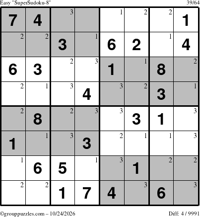 The grouppuzzles.com Easy SuperSudoku-8 puzzle for Saturday October 24, 2026 with the first 3 steps marked