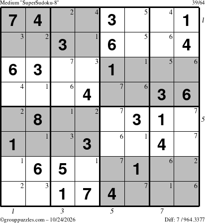 The grouppuzzles.com Medium SuperSudoku-8 puzzle for Saturday October 24, 2026, suitable for printing, with all 7 steps marked