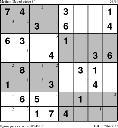 The grouppuzzles.com Medium SuperSudoku-8 puzzle for Saturday October 24, 2026 with the first 3 steps marked