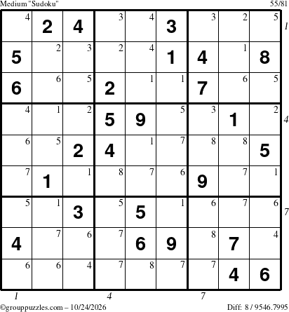 The grouppuzzles.com Medium Sudoku puzzle for Saturday October 24, 2026 with all 8 steps marked