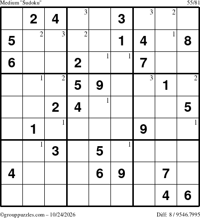 The grouppuzzles.com Medium Sudoku puzzle for Saturday October 24, 2026 with the first 3 steps marked