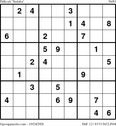 The grouppuzzles.com Difficult Sudoku puzzle for Saturday October 24, 2026