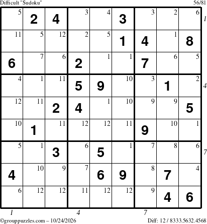 The grouppuzzles.com Difficult Sudoku puzzle for Saturday October 24, 2026, suitable for printing, with all 12 steps marked