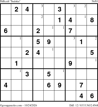 The grouppuzzles.com Difficult Sudoku puzzle for Saturday October 24, 2026 with the first 3 steps marked