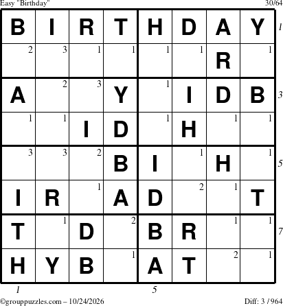 The grouppuzzles.com Easy Birthday puzzle for Saturday October 24, 2026, suitable for printing, with all 3 steps marked