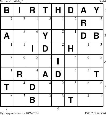 The grouppuzzles.com Medium Birthday puzzle for Saturday October 24, 2026, suitable for printing, with all 7 steps marked