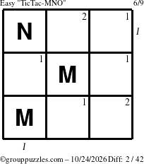 The grouppuzzles.com Easy TicTac-MNO puzzle for Saturday October 24, 2026, suitable for printing, with all 2 steps marked