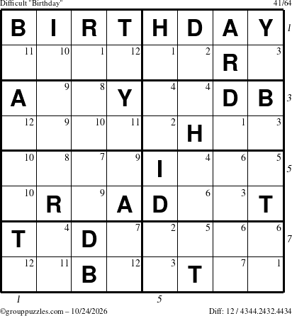 The grouppuzzles.com Difficult Birthday puzzle for Saturday October 24, 2026 with all 12 steps marked