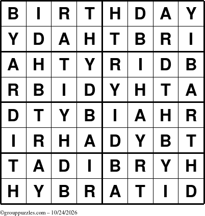 The grouppuzzles.com Answer grid for the Birthday puzzle for Saturday October 24, 2026