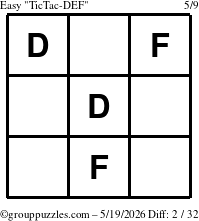 The grouppuzzles.com Easy TicTac-DEF puzzle for Tuesday May 19, 2026