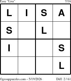 The grouppuzzles.com Easy Lisa puzzle for Tuesday May 19, 2026