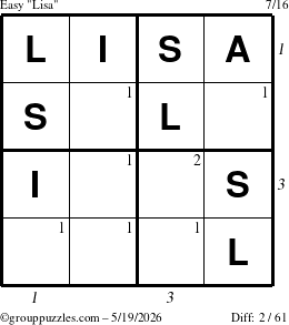 The grouppuzzles.com Easy Lisa puzzle for Tuesday May 19, 2026, suitable for printing, with all 2 steps marked