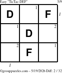 The grouppuzzles.com Easy TicTac-DEF puzzle for Tuesday May 19, 2026 with all 2 steps marked