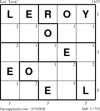 The grouppuzzles.com Easy Leroy puzzle for Tuesday May 19, 2026, suitable for printing, with all 3 steps marked