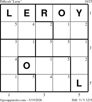 The grouppuzzles.com Difficult Leroy puzzle for Tuesday May 19, 2026, suitable for printing, with all 5 steps marked