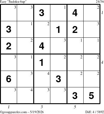 The grouppuzzles.com Easy Sudoku-6up puzzle for Tuesday May 19, 2026 with all 4 steps marked