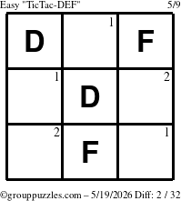 The grouppuzzles.com Easy TicTac-DEF puzzle for Tuesday May 19, 2026 with the first 2 steps marked