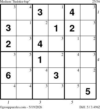 The grouppuzzles.com Medium Sudoku-6up puzzle for Tuesday May 19, 2026, suitable for printing, with all 5 steps marked