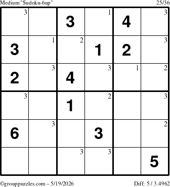The grouppuzzles.com Medium Sudoku-6up puzzle for Tuesday May 19, 2026 with the first 3 steps marked