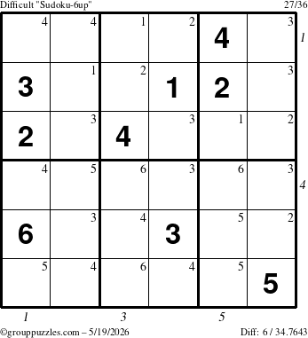 The grouppuzzles.com Difficult Sudoku-6up puzzle for Tuesday May 19, 2026, suitable for printing, with all 6 steps marked