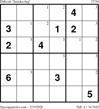 The grouppuzzles.com Difficult Sudoku-6up puzzle for Tuesday May 19, 2026 with the first 3 steps marked