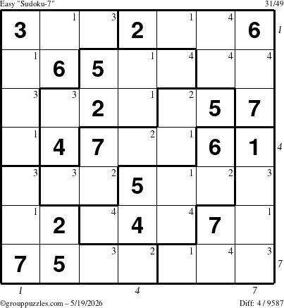 The grouppuzzles.com Easy Sudoku-7 puzzle for Tuesday May 19, 2026, suitable for printing, with all 4 steps marked