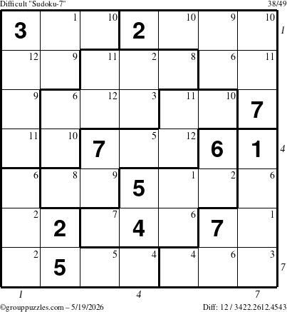 The grouppuzzles.com Difficult Sudoku-7 puzzle for Tuesday May 19, 2026 with all 12 steps marked