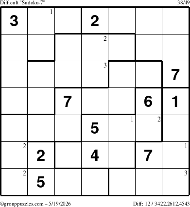 The grouppuzzles.com Difficult Sudoku-7 puzzle for Tuesday May 19, 2026 with the first 3 steps marked