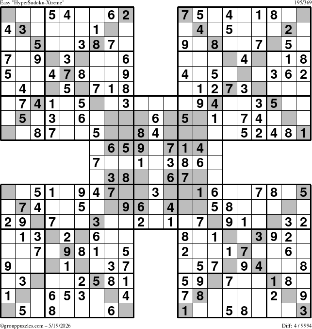 The grouppuzzles.com Easy HyperSudoku-Xtreme puzzle for Tuesday May 19, 2026