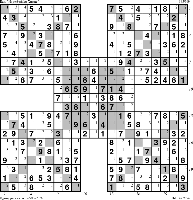 The grouppuzzles.com Easy HyperSudoku-Xtreme puzzle for Tuesday May 19, 2026 with all 4 steps marked