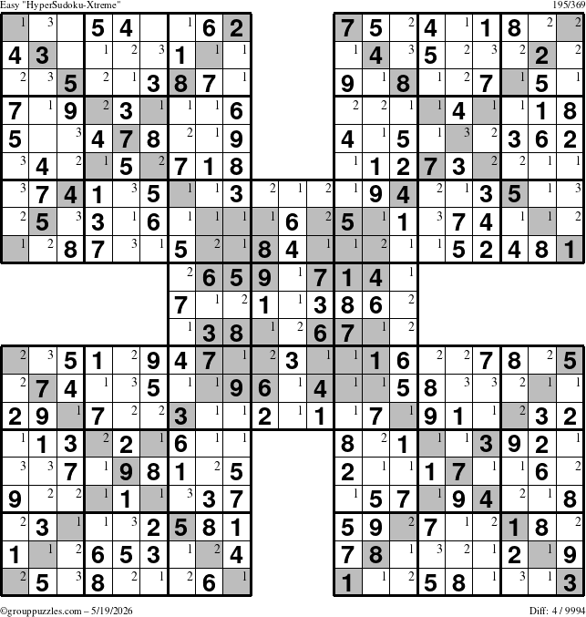 The grouppuzzles.com Easy HyperSudoku-Xtreme puzzle for Tuesday May 19, 2026 with the first 3 steps marked