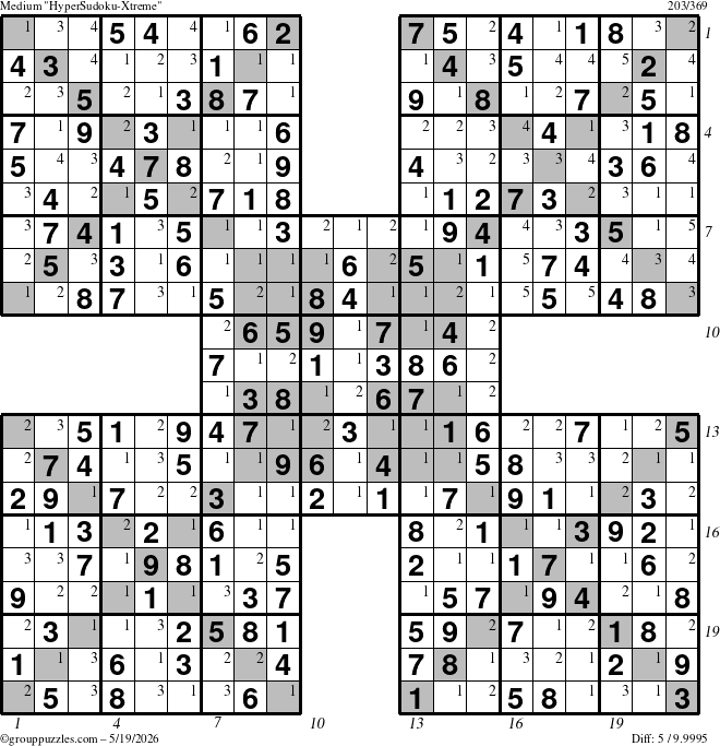 The grouppuzzles.com Medium HyperSudoku-Xtreme puzzle for Tuesday May 19, 2026 with all 5 steps marked