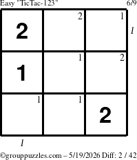 The grouppuzzles.com Easy TicTac-123 puzzle for Tuesday May 19, 2026 with all 2 steps marked