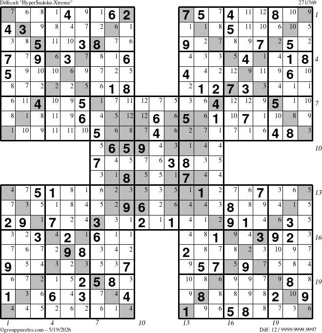 The grouppuzzles.com Difficult HyperSudoku-Xtreme puzzle for Tuesday May 19, 2026, suitable for printing, with all 12 steps marked