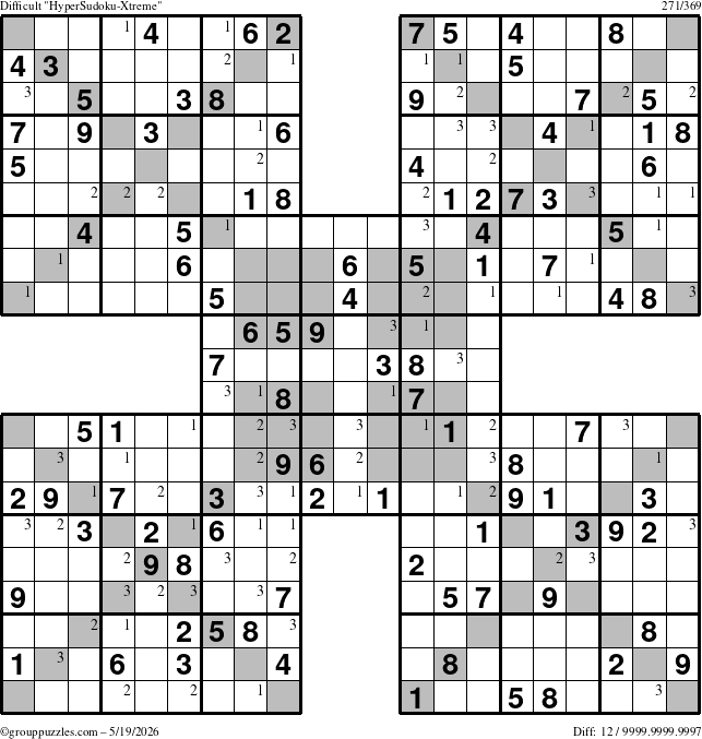 The grouppuzzles.com Difficult HyperSudoku-Xtreme puzzle for Tuesday May 19, 2026 with the first 3 steps marked