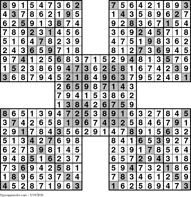The grouppuzzles.com Answer grid for the HyperSudoku-Xtreme puzzle for Tuesday May 19, 2026