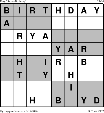 The grouppuzzles.com Easy Super-Birthday puzzle for Tuesday May 19, 2026