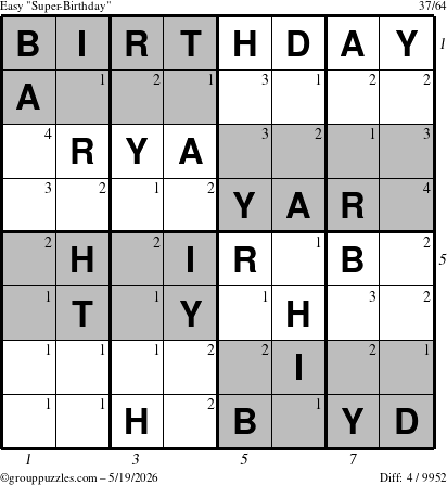The grouppuzzles.com Easy Super-Birthday puzzle for Tuesday May 19, 2026, suitable for printing, with all 4 steps marked