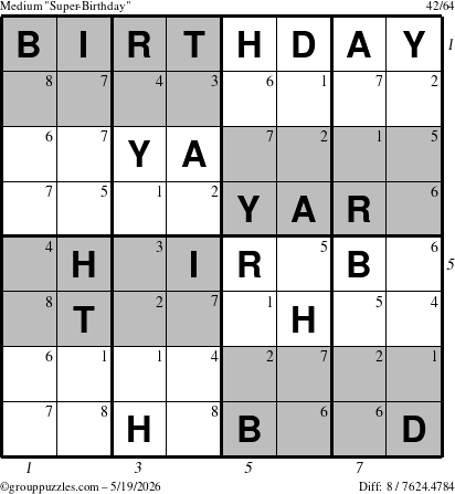The grouppuzzles.com Medium Super-Birthday puzzle for Tuesday May 19, 2026 with all 8 steps marked