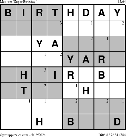 The grouppuzzles.com Medium Super-Birthday puzzle for Tuesday May 19, 2026 with the first 3 steps marked
